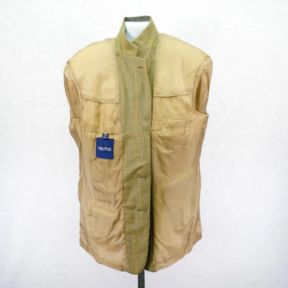Nautica Wool Tan Green‎ Blue Houndstooth W/ Yellow Red Windowpane 46L Sport Coat